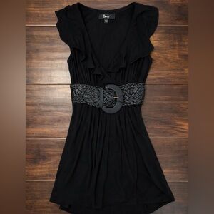 Sky Black Ruffle Dress with Braided Belt
